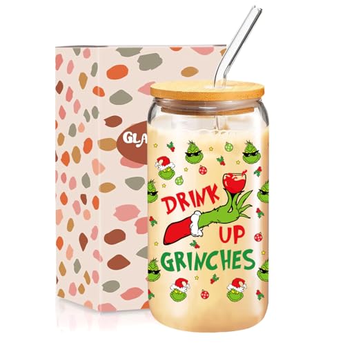 Funny Grinchs Glass Cup, 16 oz Christmas Iced Coffee Cups with Lids and Straws, Grinchy Beer Drinking Glass Tumbler, Holiday Party Supplies, Novelty Xmas White Elephant Gifts Stocking Stuffer