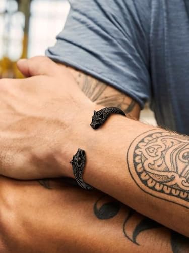 FaithHeart Viking Cuff Bracelets for Men, Silver/Black Stainless Steel Bangle Bracelet Norse Mythology Amulet Talisman Jewelry, Gift Box2