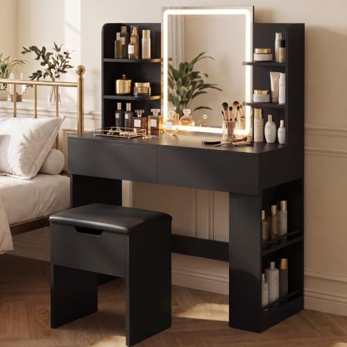 Image of YESHOMY 35.4 Inch Vanity Desk Set with LED Mirror and Lights, Classic Black | Makeup Vanity Set with 2 Drawers, Side Shelves, Storage Bench, Open Shelves and 3 Color Lighting Modes