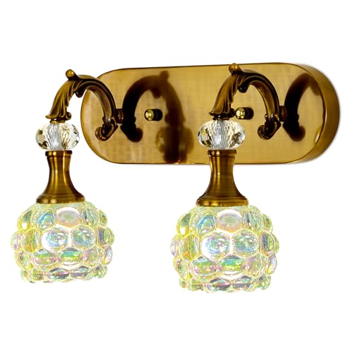 Image of 2 Light Vintage Vanity Light Gold Bathroom Lighting Fixtures Over Mirror Wall Sconce with Glass Shade