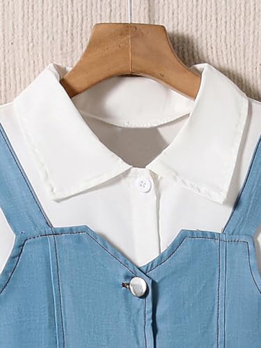 Verdusa Girl's 2 Piece Summer Outfit Button Up Denim Crop Tops with Puff Sleeve Flowy Dress Set3