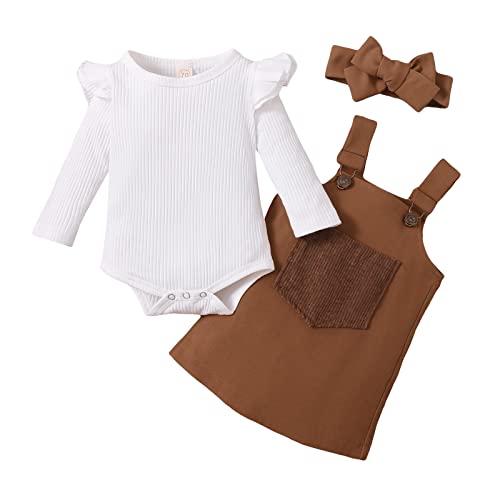 Image of Kupretty Newborn Baby Girl Fall Clothes Ruffle Long Sleeve Ribbed Romper Suspender Skirts Headband Infant Winter Outfit