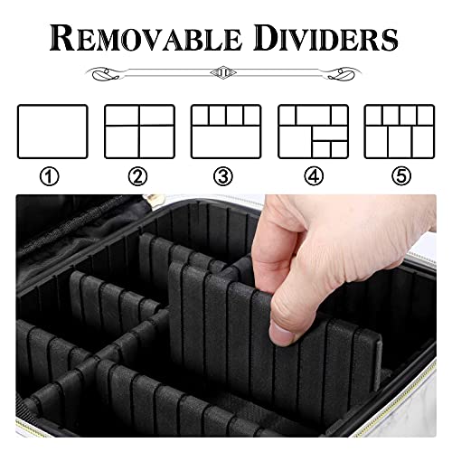 OEWOER Travel Makeup Bag 10.2'' Makeup Train Case Organizer Portable Cosmetic Bag with Adjustable Dividers and Shoulder Strap Marble Leather Make Up Bags for Makeup Brushes Toiletry Accessories