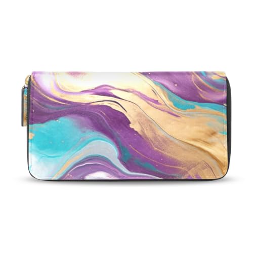 Long Wallets Leather Bifold Wallet for Women Marble Purple Gold with Zipper Credit Card Holder Large Capacity