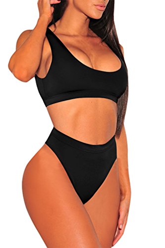 Pink Queen Women's Crop Top Scoop Neck High Waist Two Piece Swimsuit L Black #TOP1