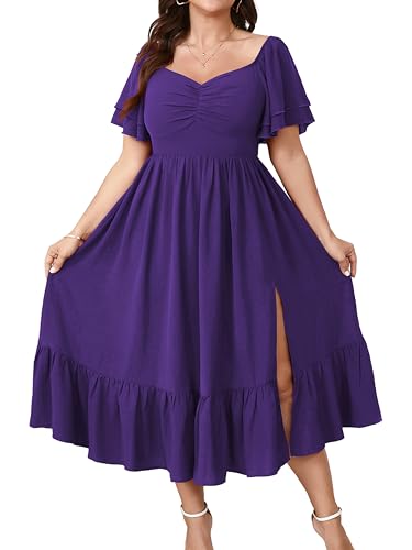 Image of SCOMCHIC Womens Plus Size Wedding Guest Cocktail Dresses Sweetheart Neckline Short Sleeve Smocked Ruffle Slit Maxi Dress