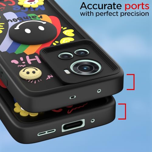 Image of Pikkme Back Cover for OnePlus 10R 5G | Soft Silicone| Cute Rainbow Smile & 3D Cartoon Flower Design | Shockproof Raised Camera Protection Bumper Case (Black)