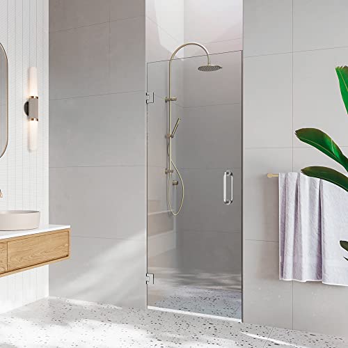 Single Swing Hinge Glass Shower Door Ravello Series 28"X80" With Chrome Finish - 3/8" Tempered Glass With Smart Guard Easy Clean Coating - Frameless Corner Hinge Shower Door By Fab Glass And Mirror #TOP1