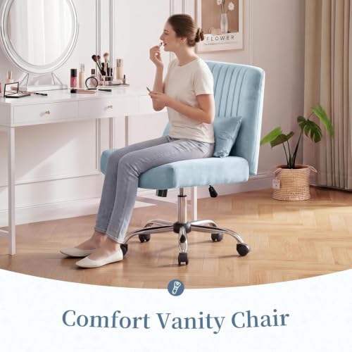 Image of Velvet Criss Cross Desk Chair with Wheels, Luxury Cross Legged Office Office, Swivel Wide Seat Vanity Chair, Armless Adjustable Height Gaming Chair Gift, Dusty (1, Light Blue)