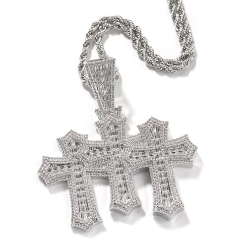 LuxeFlex Iced Out Baguette Diamond Cross Pendant, 14K Gold Plated Religious Three Stacked up Gothic Cross Necklace, Hip-Hop Jewelry for Men Women