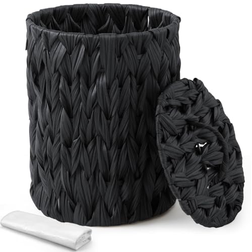 Image of Ctosree 1.3 Gallons Small Trash Can with Lid Handle Boho Woven Braided Bathroom Waste Basket Trash Can with 100 Garbage Bags for Bedroom Office Laundry(Braided Polypropylene, Black)