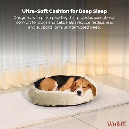 Image of Velvet Dog Bed in Round Shape | Medium 70 Cm | Premium Velvet Pet Bed for Cats and Puppies | Soft & Cozy Sleeping Bed for Dog with Removable Insert | Black & Cream