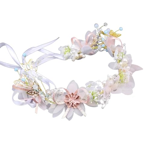 サムコス 髪飾り 花 パール 花かんむり リボン ホワイト ヘッドドレス クリスタルビーズ 花冠 ヘアアクセサリー 結婚式 発表会 披露宴 卒業式 パーティー ダンス 和装 撮影 写真 子供 大人用 (B)の商品画像（Amazon）