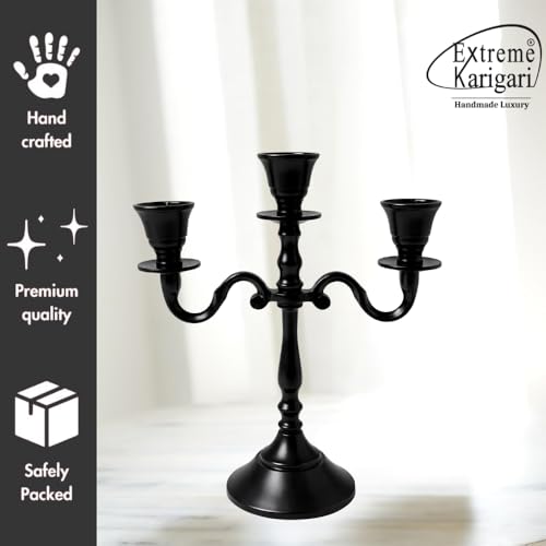 Image of Aluminum 3-Arm 8inch Black Candelabra for Dining Table | Vintage Candle Stand for Romantic Dinner, Home & Wedding Decor