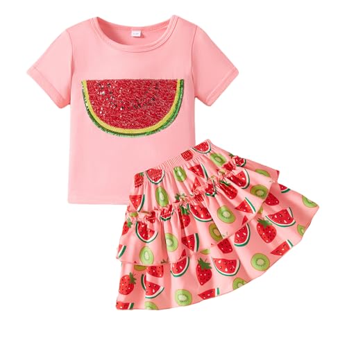 Image of Little Girls Skirt Set - 2 Piece Short Sleeve Top Shirred Tiered Skirt Outfit Girls Spring Summer Clothes 3-8 Years