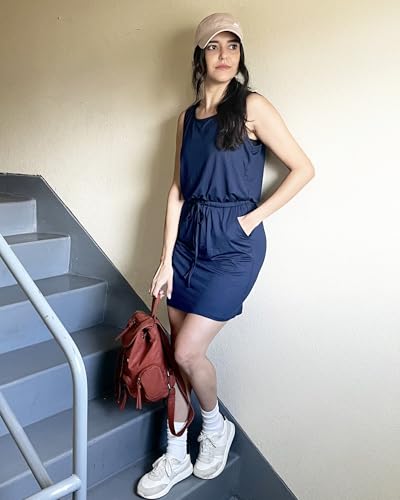 Image of AUSELILY Womens Summer Dress Casual Sleeveless Sundresses Drawstring Waist Beach Cover up Short Swing Dresses with Pockets