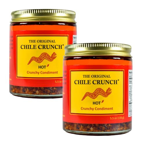 CHILE CRUNCH - Hot Spicy Crunchy Condiment - All Natural Roasted Chili Peppers, Garlic &amp; Onion Crisp Sauce - Vegan, Gluten-Free, No Preservatives - Homemade Authentic Mexican Recipe 5.5oz (2 Pack)