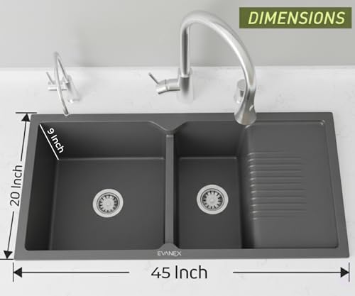 Image of EVANEX Quartz Sink for Kitchen|45x20x9 inch Double Bowl Kitchen Sink with Drain Board|Matt Finish|Grey Quartz Kitchen Sink with Sink Connector, Waste Pipe, Coupling and Drain Basket