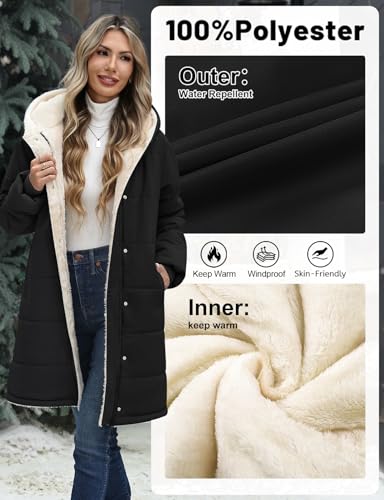 Vancavoo Wintermantel Damen Winterjacke Warm Gefüttert Steppmantel Winterparka Winter Jacket Mäntel Parka Frauen Daunenmantel mit Kapuze,Schwarz,L