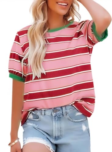 Cuptacc Tshirt Damen Casual Rundhals Vielseitig Große Größen Mode Baumwolle Bluse Sommer Kurzarm Oberteile Bunte Dicke Striped Puffärmel Tunika Rosa Rot L Groß