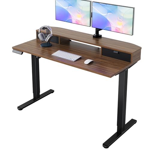 Image of HUANUO 47.2 inch X 23.6 inch Electric Standing Desk with 2 Drawers, C-Clamp Mount Compatible, Height Adjustable Computer Desk, Home Office Stand Up Desk with 4 Preset Heights & 2 Hooks, Walnut
