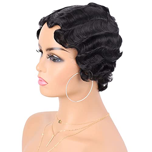 G&T Wig Finger Wave Wig Glueless Wear And Go Wig Short Syntheyic Curly Wigs For Black Women Nuna Wig 1920S Cosplay Costume Halloween Party Daily Use (1B) #TOP1
