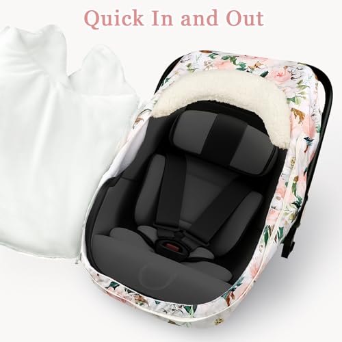 Image of DILIMI Car Seat Covers for Babies, Winter Baby Car Seat Cover, Infant Car Seat Canopy for Girls Boys, Warm Windproof Carseat Canopy for Newborn, Pink Floral