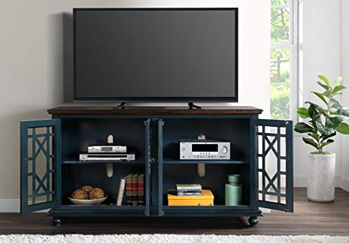 Image of Elegant Wood TV Stand for 50 inch, 55 inch, 60 inch, 65 inch TVs, Entertainment Center with Doors, Adjustable Shelves, Storage, Media Console, Sideboard, Hallway Accent Chest Dark Blue and Brown 63 inch W x 18 inch D x 35 inch H