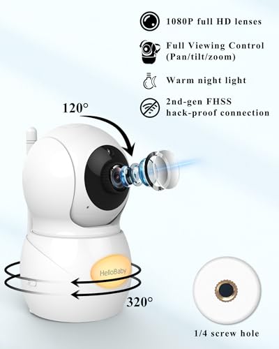 HelloBaby Baby Monitor 2 Cameras with 1080P Baby Camera,5.5’’ Split-Screen Baby Monitor with Camera and Night Vision,No WiFi,Pan-Tilt-Zoom,Night Light,1000ft Range,Two-Way Audio,Temperature Display