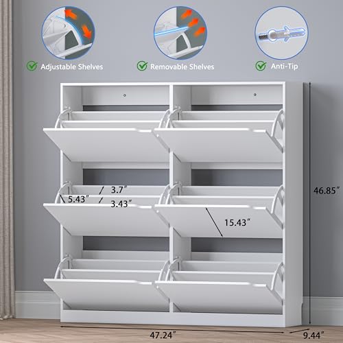 Image of BORNOON Shoe Cabinet with 6 Flip Drawers, Slim Narrow Shoe Storage Cabinet, Freestanding Shoe Organizer for Entryway, Hallway, Foyer