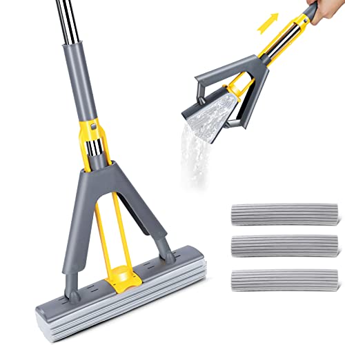Almcmy Pva Sponge Mop, Hands Free Self Wringing Mop With Total 3 Super Absorbent Sponge Heads And 51" Long Handle, Foam Mop Squeeze Mop For Hardwood Laminate Tile Floor Cleaning - Yellow #TOP20