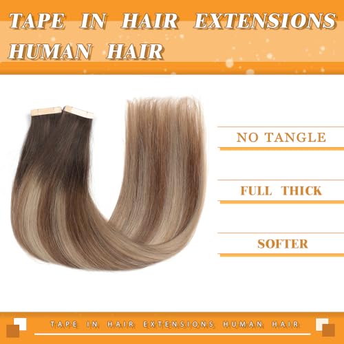 Image of YDDM Tape in Hair Extensions 16 Inch 20pcs Balayage Brown to Dirty Blonde 100% Remy Human Hair for Women Seamless Invisible Tape in Hair Extensions Human Hair(2 /6 /18K#, 16 Inch)
