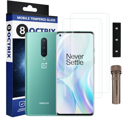 Image of Curved UV Tempered Glass Screen Protector for Oneplus 8 | Transparent | Pack of 2 | Full Screen Coverage with UV Installation Kit