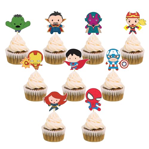 36pcs SENSUNIQ Cartoon Superhero Cupcake Topper, Birthday Party Cake Decoration Supplies Super...