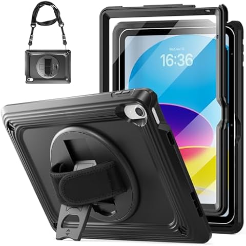TSQQST iPad 10th Generation Case 10.9 Inch with Screen Protector, 360 Rotating Stand/Hand Strap | Military Grade Heavy Duty Rugged Protective Case for iPad 10th Gen | Black Cover