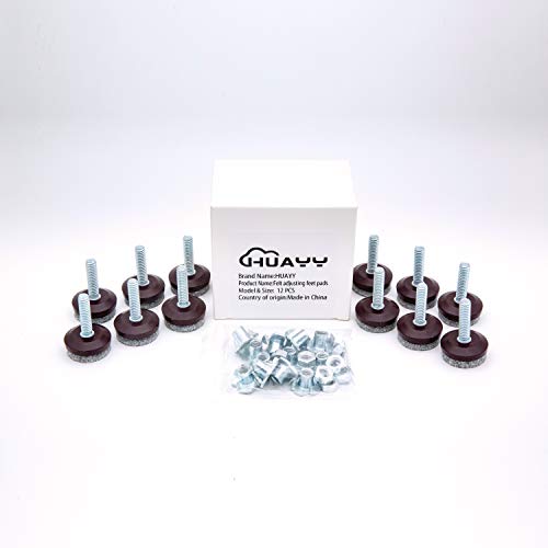 Huayy Medium Duty Furniture Levelers Adjust Legs,Table And Chairs Leveling Feet|Height Adjustable Protection Integrated High-Density Felt Pads|Heavy Duty 1/4-20X1" Threaded Shank T-Nuts(Set Of 12) #TOP4