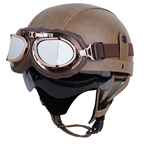 LHBM Rétro Casque Moto Demi-Jet Homologué Dot/ECE - Visière UV, Lunettes, Style Vintage en Cuir pour Scooter, Bike, Chopper, Moped - Taille XL (61-62cm)