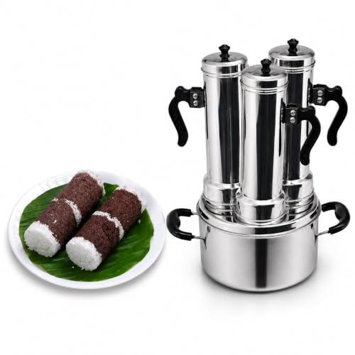 Image of Nakshathra Stainless Steel Puttu Maker with Steamer 3 Plus 1 Free Extra Big with Caps, Puttu Kudam with Bakelite Handle, Induction & Gas Compatible, Toxin Free