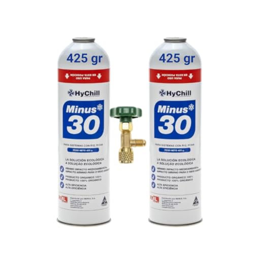 Recamania Pack 2 Envases (+ Valvula) Gas refrigerante orgánico ecológico Minus 30.Mirar tablas de presiones para su regulación y ficha de seguridad