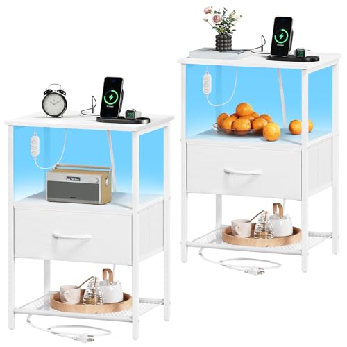 Somdot White Nightstand Set of 2 with Charging Station and