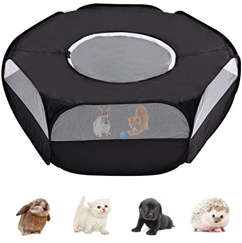 M MAIUS Small Animal Playpen, Foldable Pet Cage with Top Cover Anti Escape Pet Playpen Pop Open Outdoor/Indoor Exercise Fence for Kitten, Puppy, Guinea Pig, Rabbits, Hamster (Black)