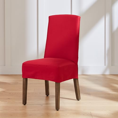 Image of SureFit Cove Cotton Canvas Short Dining Room Chair Covers, Dining Chair Cover with 6 Inch Skirt, Removable and Machine Washable, Set of 2 Dining Chair Covers, Claret