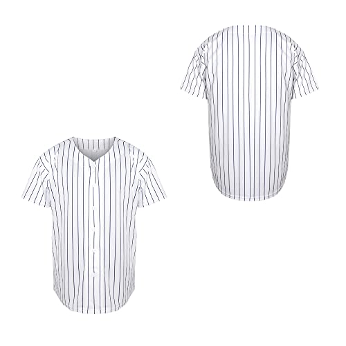 Blank Baseball Jersey Plain 90's Hip Hop Hipster Button Down Short Sleeve Active T Shirts Uniform for Men S-XXXL (WhiteStripe, X-Large)