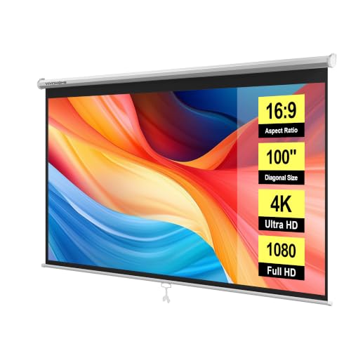 VIVOHOME 100 Inch 16:9 Pull Down Projector Screen, White