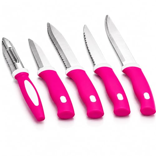 Image of 5-Piece Kitchen Knife Set with Stand, Stainless Steel Blades, Includes Peeler, 14x9x4 cm Block Multicolour (Pink, 5pcs Knife Pink)