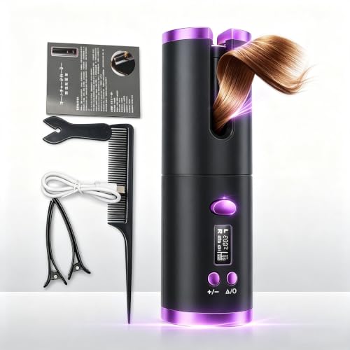 Hyokyche Cordless Automatic Hair Curler - Rechargeable Wireless Curling Iron with 4000mAh Battery, 6 Heat Settings, Auto Rotation, Anti-Scald, 12s Fast Curl - Black