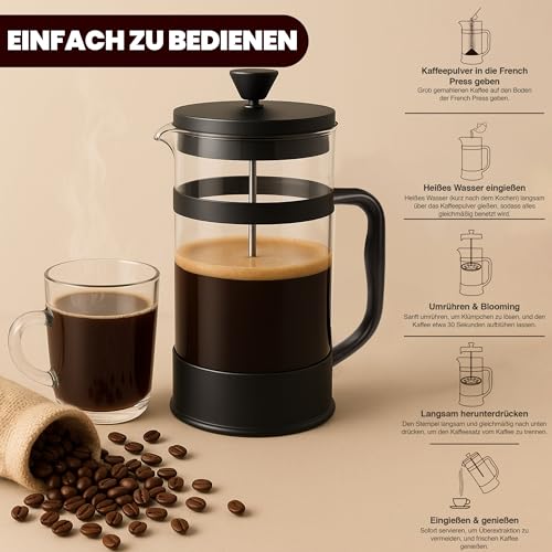 KICHLY 8 Cup Cafetiere French Press 1.0L Coffee Maker and Tea Maker with Heat Resistant Glass and Ergonomic Design