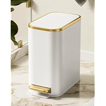 Cesun Small Bathroom Trash Can with Lid Soft Close, 5 Liter/1.3 Gallon Stainless Steel Garbage Can with Removable Inner Bucket, Step Pedal, Slim Waste Basket for Toilet, Office, Bedroom White&Gold