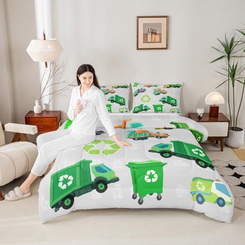 Image of Feelyou Boys Green Garbage Truck Bedding Set - Cartoon Trash Truck Comforter Set for Kids - King Size with 2 Pillow Case