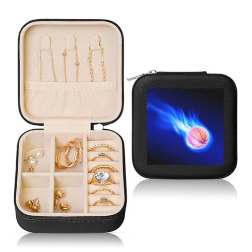 Boîte à bijoux carrée noire en cuir – Rangement portable imprimé ballon de basket-ball pour femme, cadeau idéal pour geburtstag et Saint-Valentin